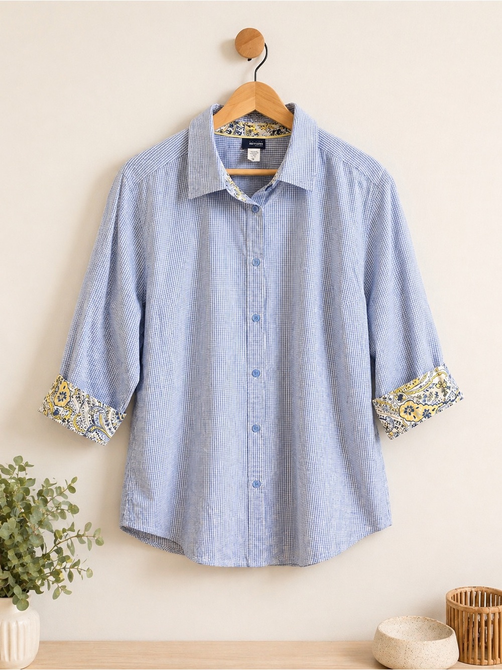 Basic Editions 2X Blue Gingham Button Down Blouse Paisley Cuff Detail Plus Size